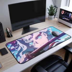 Gemma Red Katana Desk Mat on a slow white desk with a computer pc and other table accessories next to it