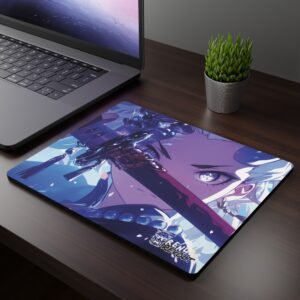 Gemma Red Katana Mouse Pad featuring a silver-haired character with glowing eyes holding a katana, set on a dark wooden desk next to a laptop and plant.