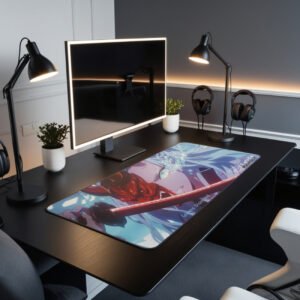 Gemma Red Oni Desk Mat with a dark samurai theme, featuring a red demon mask, glowing sword, and icy effects.