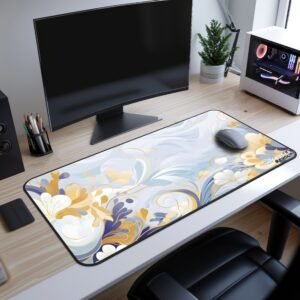 Golden Bloom Desk Mat - A clean office setup featuring a white desk, black chair, and a light blue and gold floral desk mat under a wireless mouse.