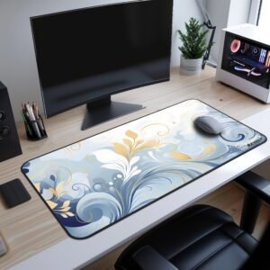 t: Golden Breeze Desk Mat on a Office desk setup with a white, blue, and gold floral swirl desk mat under a monitor and mouse, complementing a clean and modern workspace.