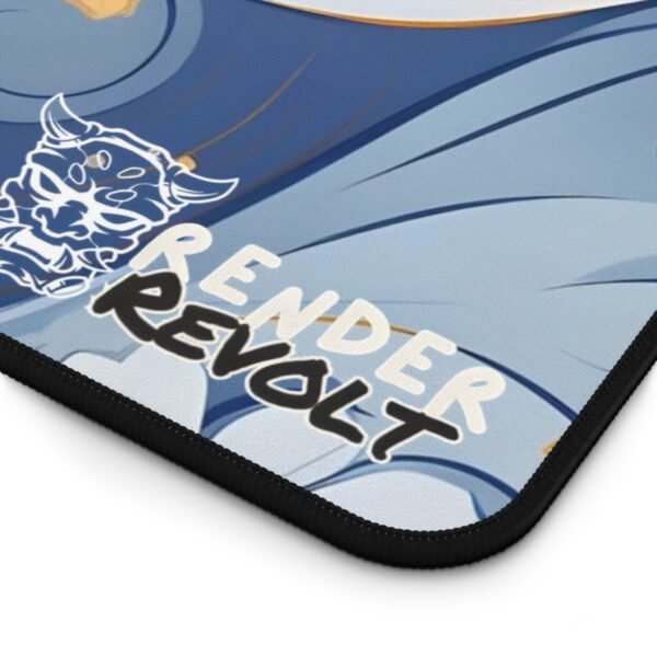 Close-up of the Render Revolt logo on the vibrant floral desk mat, showing the intricate details of the print and stitching.