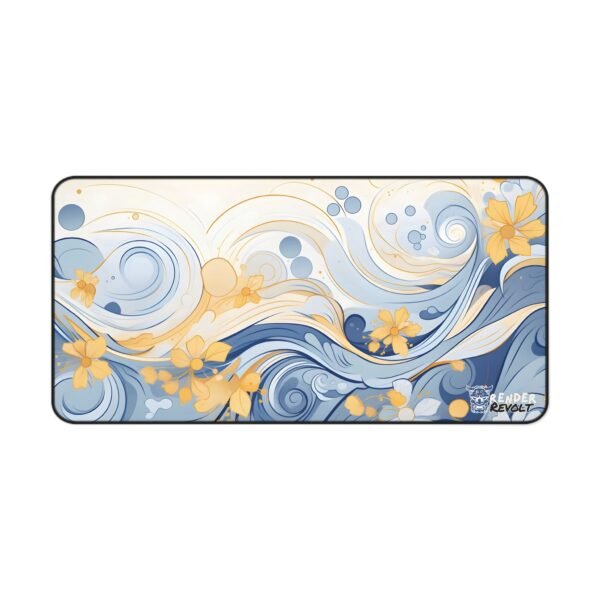 Elegant blue and gold floral wave desk mat with swirling patterns, delicate golden accents, and blooming flowers. Render Revolt branding in the bottom right corner
