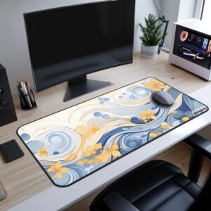 Golden Drift Desk Mat - Detailed close-up of the Render Revolt logo and floral design on the blue and gold wave desk mat, showcasing the precision of the print and stitched edge finish.