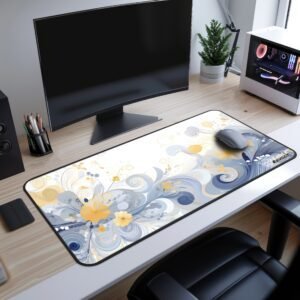 Golden Marigold Desk Mat - A bold and intricate desk mat featuring deep blue, purple, and teal swirling designs, creating a dramatic effect.