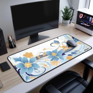 Golden Petals Desk Mat - A large desk mat featuring an artistic blend of deep blue, purple, and teal swirling patterns resembling ocean waves. The "Render Revolt" logo is positioned at the bottom right corner.