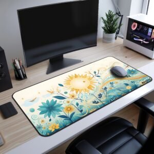 Golden Wisp Desk Mat = A sunflower-inspired desk mat with intricate swirling vines and floral details on a soft beige background, placed on a modern workspace with a curved monitor and a white PC case.