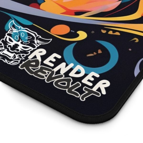 Close-up of the desk pad's corner, showing an embroidered logo with a stylized design. The stitched edges and smooth fabric texture are clearly visible.