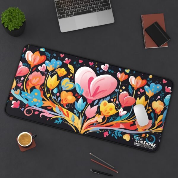 A large desk pad with a colorful floral heart design placed on a dark workspace. A laptop, coffee cup, and stationery items are neatly arranged around it.