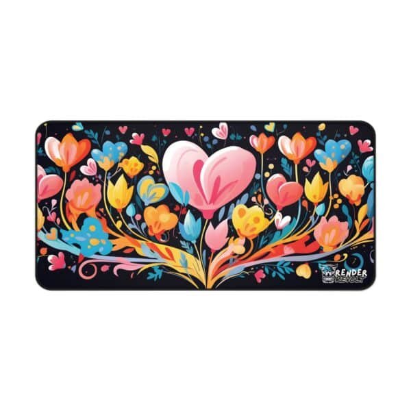 Vibrant floral heart desk pad with colorful flowers and heart-shaped petals on a black background.