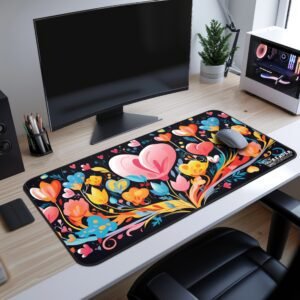 Heart Burst Desk Mat - A desk mat with a warm beige background featuring an explosion of heart-shaped flowers and golden hues, placed on a modern workstation.