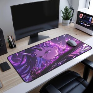 Hikari Amethyst Katana Desk Mat featuring a mystical character with crystal shards surrounding her. Placed on a modern office desk setup.