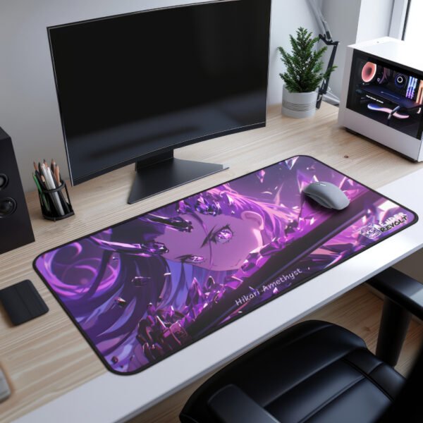 Hikari Amethyst Katana Desk Mat featuring a mystical character with crystal shards surrounding her. Placed on a modern office desk setup.