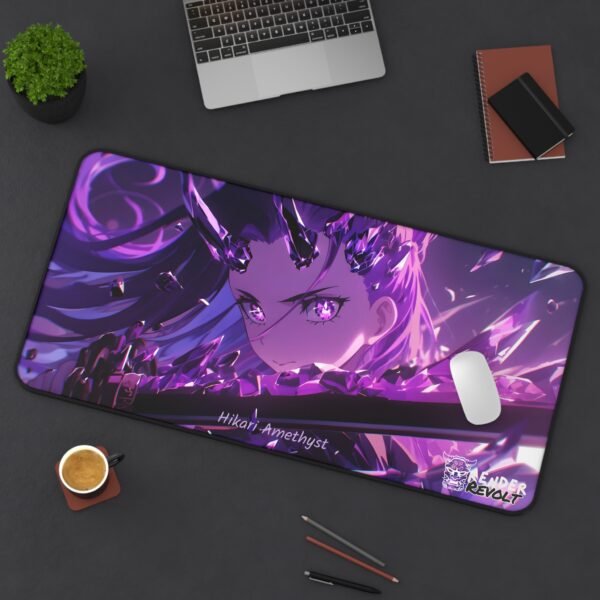 Hikari Amethyst desk mat on a dark desk with a laptop, notebook, and coffee cup.