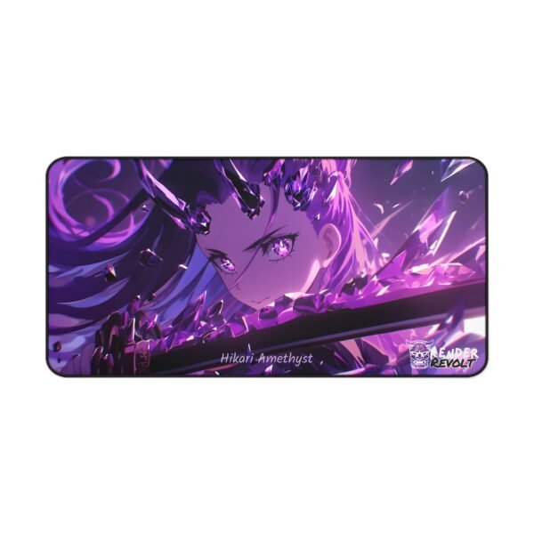 Hikari Amethyst desk mat full view with a purple crystal-themed warrior gripping a sword.