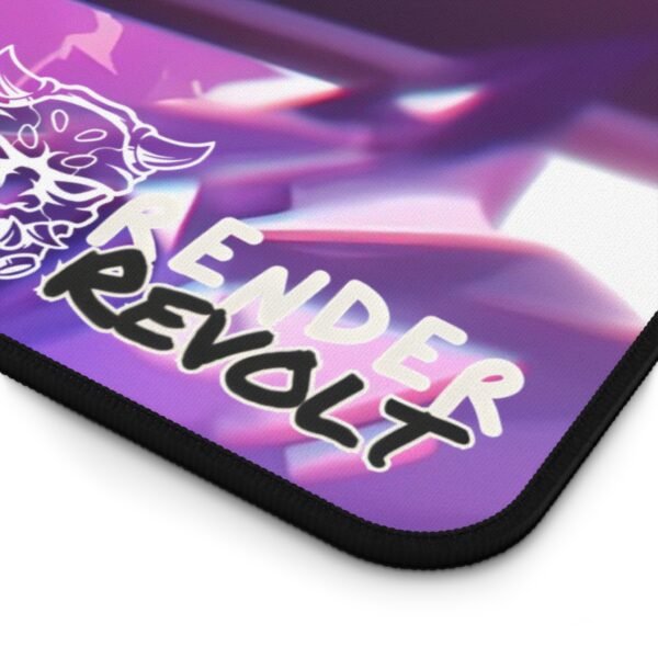 A close-up of the Render Revolt logo on the Hikari Amethyst desk mat, showing fine details in the crystal-like design.