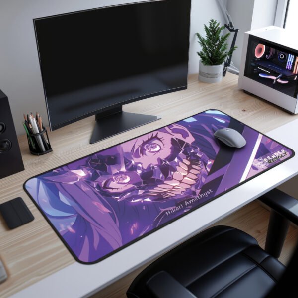 displaying of Hikari Amethyst Oni Desk Mat on a modern desk setup with a curved monitor and gaming PC.