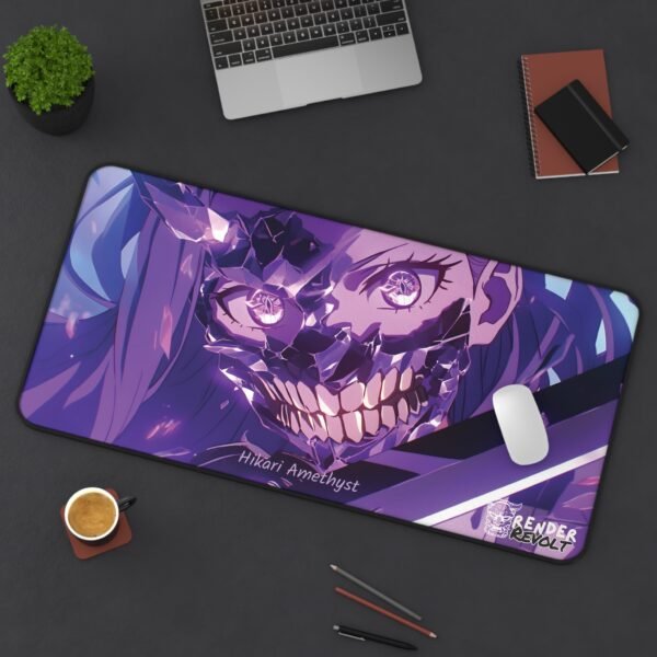Top-down view of the Hikari Amethyst Mouse Pad on a dark desk with a laptop, coffee, and stationery."