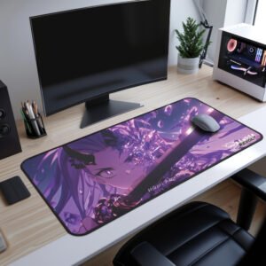 Hikari Enraged Desk Mat, an anime desk pad with a woman holding an amethyst black demon sword covered in surrounding amethyst shard with with her crystal like demon horns