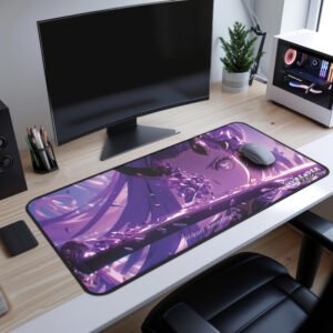 Hikari Half Oni Desk Mat on a white desk setup with a curved monitor and gaming PC.