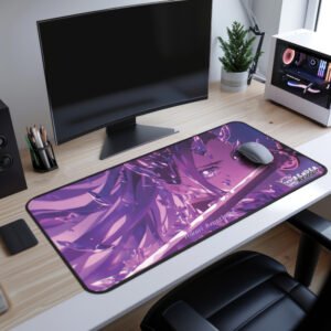 Hikari Unsheathed Desk Mat on a gaming desk setup with a mouse placed on it.
