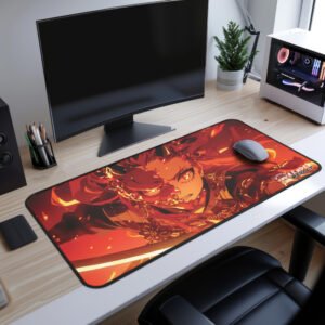 Kaida Fire Oni Desk Mat - A variation of the Kaida Flame desk mat featuring a demon mask covering half of the character's face, adding a more menacing look. Placed on a modern desk setup.
