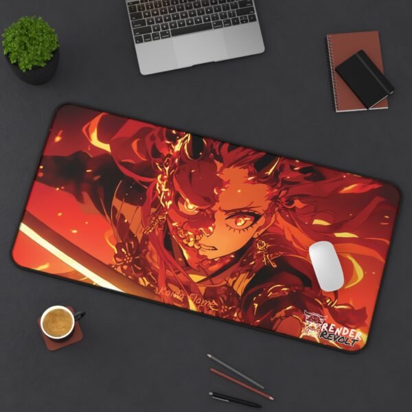 The demon mask version of the Kaida Flame desk mat displayed on a dark workspace, enhancing its dramatic fire elements.
