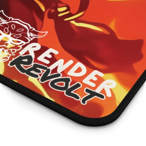 A close-up of the Render Revolt logo on the demon mask variant, with flame-like hues surrounding it.