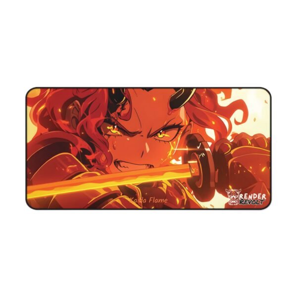 A full, top-down view of the Kaida Flame desk mat, showcasing the character's intense expression, flaming sword, and intricate details.