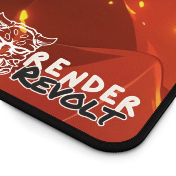 A close-up of the Render Revolt logo on the Kaida Flame desk mat, showing the detailed stitching and vibrant fire-inspired colors