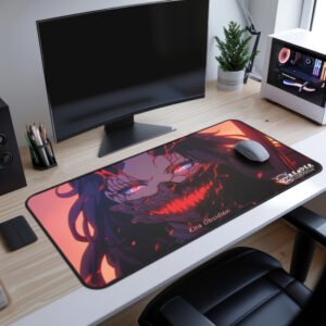 Kira Demon Desk Mat - featuring a detailed anime-inspired character with black and red demonic features, a cracked mask, and glowing red eyes.