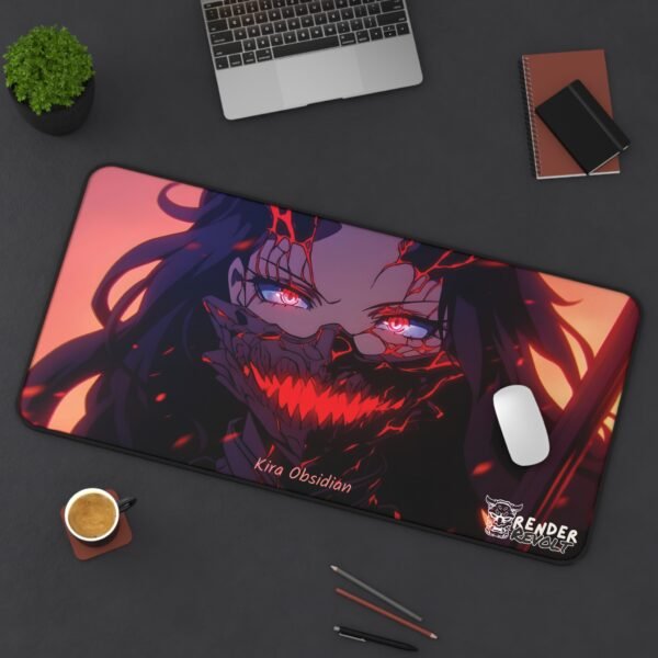 A gaming desk setup featuring a Kira Obsidian desk mat with a fierce dark-haired character with glowing red eyes and a cracked mask revealing sharp molten teeth.