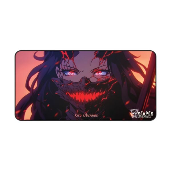 A full flat-lay shot of the Kira Obsidian desk mat, showcasing her glowing red cracks and menacing expression against a sunset-lit background.