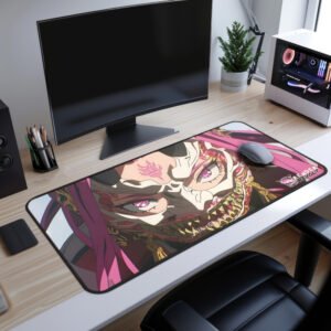 Lilia Demon Desk Mat- A bird’s-eye view of a green desk pad featuring an armored warrior with striking green eyes, placed in a well-organized workspace.