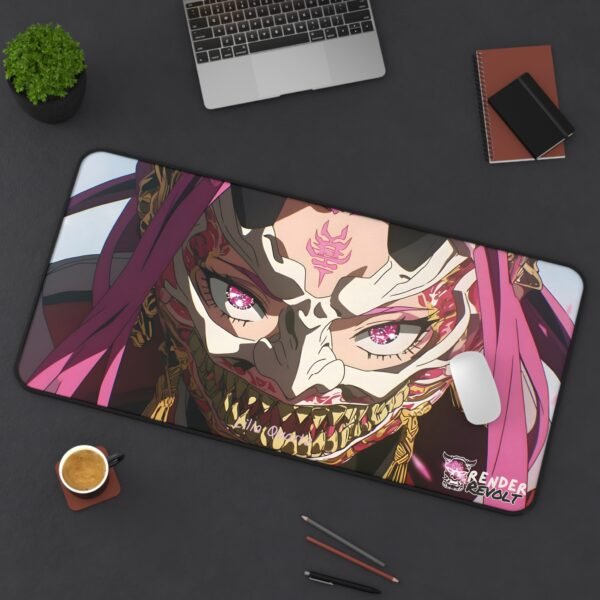 A stylish office setup featuring a large anime-themed green desk mat with a warrior character, complementing a professional workspace with minimal decor.
