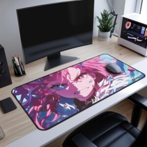 : Lilia Enraged Desk Mat - A pink and blue-themed desk mat featuring a fierce anime warrior with a crystalized look, placed on a modern desk with a curved monitor and gaming accessories.