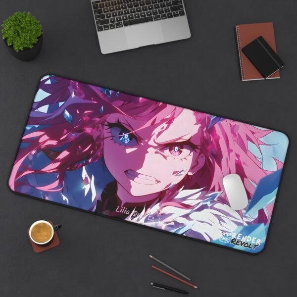 A wide-angle shot of the desk mat featuring a determined, battle-ready female character with pink and blue hair, surrounded by office supplies.