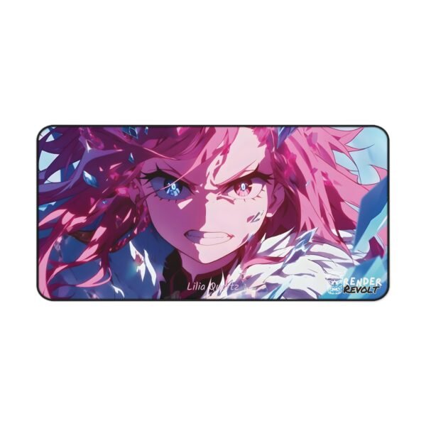 A high-resolution flat lay of the desk mat, featuring an intense character with heterochromatic eyes and a dynamic battle pose.
