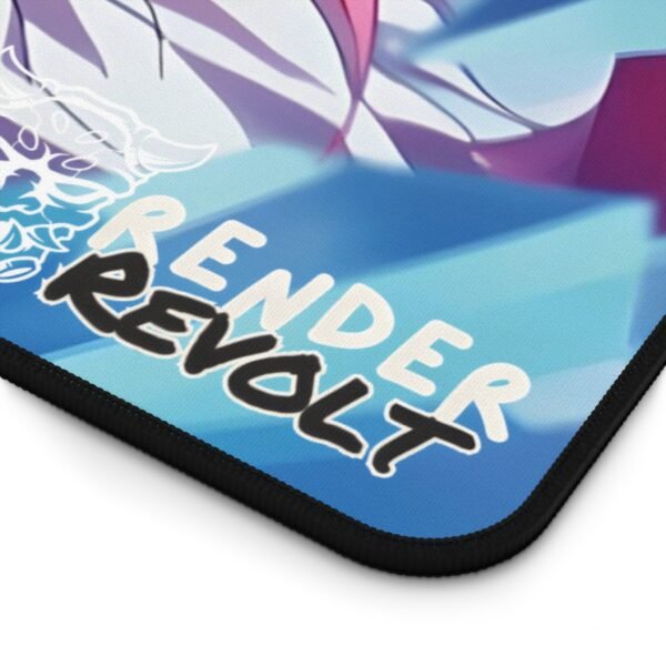 A detailed zoomed-in view of the logo in the bottom corner of the desk pad, showcasing the vibrant blue and pink color contrast.