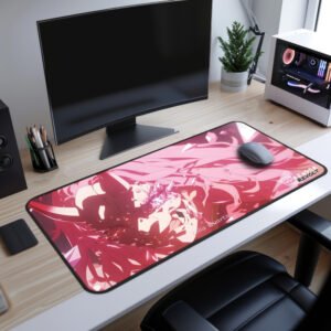 Lilia Quartz Oni Desk Mat - A striking anime-style desk mat featuring Lilia Quartz with pink crystalline shards breaking across her face, placed on a modern wooden desk with a gaming PC and curved monitor.