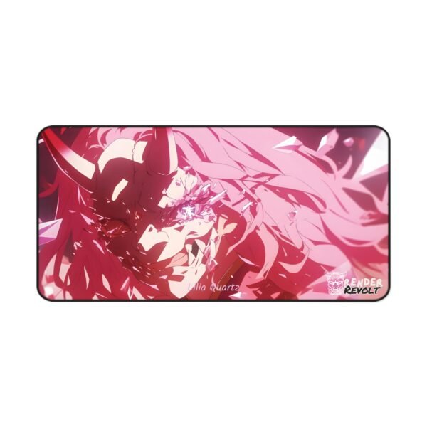 A full flat-lay shot of the Lilia Quartz desk mat, featuring a fierce anime warrior with one blue eye, one pink eye, and shattered crystal effects.
