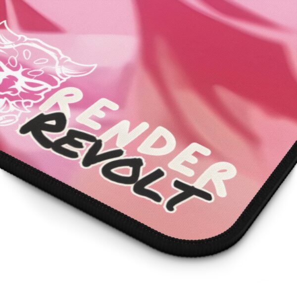 A detailed close-up of the Render Revolt logo and the finely stitched edge of the Lilia Quartz desk mat, highlighting the quality material and print details.