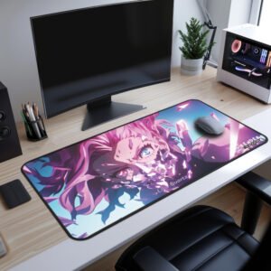 Lilia Quartz Desk Mat - A fiery red variation of the Lilia Quartz design, depicting her with glowing crystalline shards and an intense demon mask, placed on a modern desk with a gaming setup.
