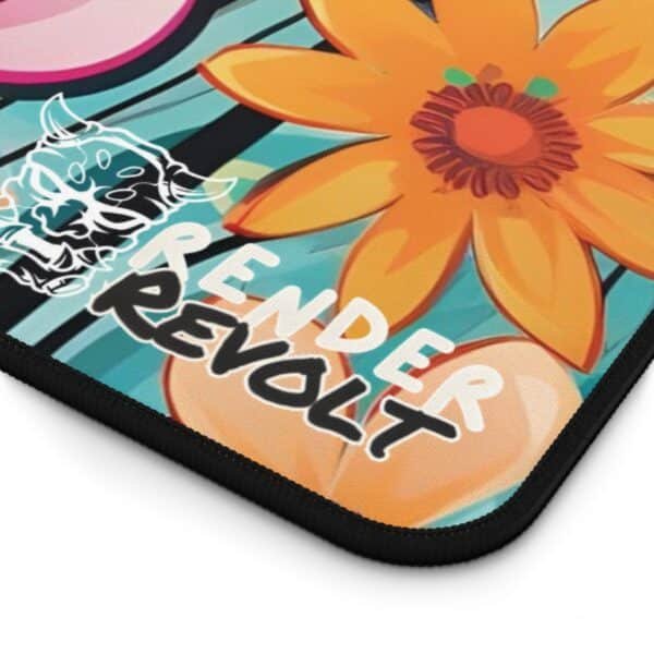 A zoomed-in view of the desk mat's edge, showing vibrant floral designs with the Render Revolt logo in the bottom corner.