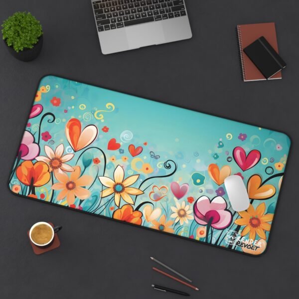 A desk mat with bright flowers and heart-shaped elements in shades of orange, pink, and yellow against a light blue background. Set on a white office desk with a monitor and accessories.