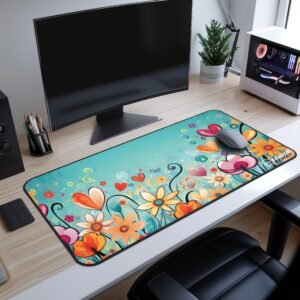 Lively Hearts Desk Mat A desk mat with a colorful floral pattern placed on a dark surface. A laptop, a coffee cup, and a white mouse are positioned on the mat.