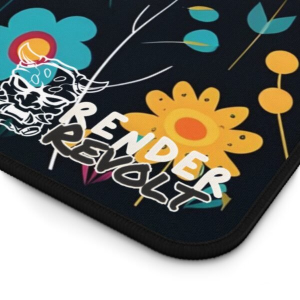 A top-down view of a floral desk mat with a dark background and bold, colorful flowers. The Render Revolt logo is visible.