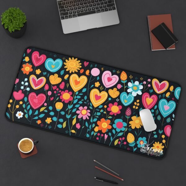 A floral desk mat with a black background, featuring bright heart-themed flowers and scattered small blossoms, placed on a modern desk setup.