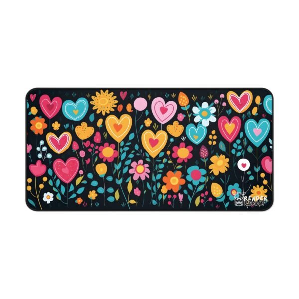 A floral desk mat with bright hearts and flowers on a dark surface. A laptop, coffee cup, and white mouse are arranged on top.