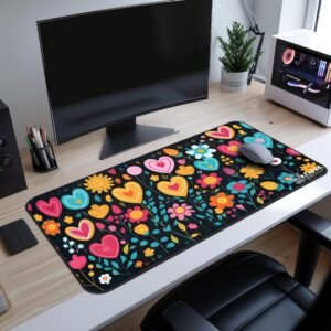 Love Bloom Desk Mat - A full view of the same floral desk mat, showcasing an arrangement of heart-shaped flowers in warm and cool tones against a dark background.